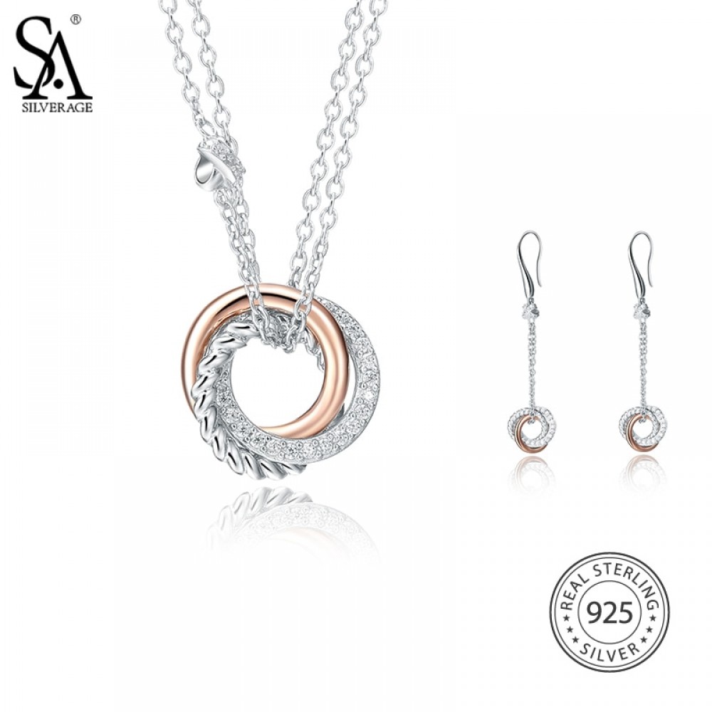 SA SILVERAGE 925 Sterling Silver Jewelry Sets AAA Zirconia Necklaces Pendants Drop Dangle Earrings for Women Fine Jewelry