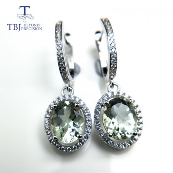 TBJ, New elegant drop clasp earring with natural green amethyst 4ct gemstone for women daily party wear in 925 silver as gift