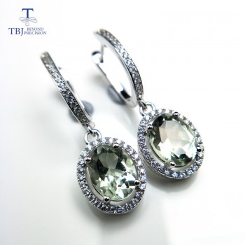 TBJ, New elegant drop clasp earring with natural green amethyst 4ct gemstone for women daily party wear in 925 silver as gift