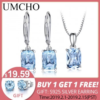 UMCHO 925 Sterling Silver Jewelry Created Sky Blue Topaz Earrings Necklace Elegant Wedding Gifts For Women Fine Jewelry Sets