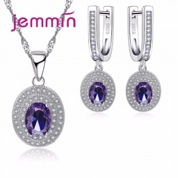 Jemmin Round Purple Oval Cut Amethyst Pendant Necklace Earrings For Women Wedding Fashion 925 Sterling Silver Jewelry Sets