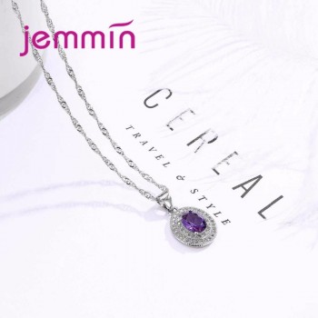 Jemmin Round Purple Oval Cut Amethyst Pendant Necklace Earrings For Women Wedding Fashion 925 Sterling Silver Jewelry Sets
