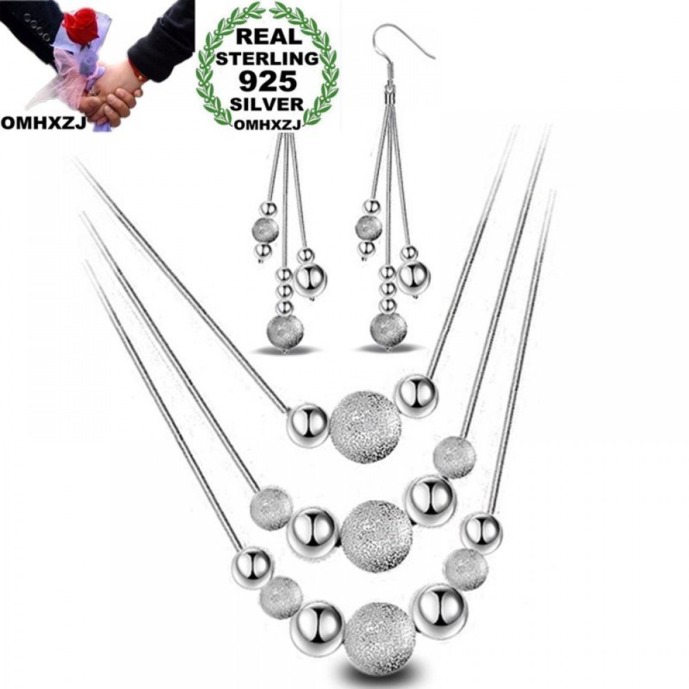 OMHXZJ Wholesale Personality Fashion OL Woman Girl Party White Beads 925 Sterling Silver Stud Earrings+Necklace Jewelry Set SE02