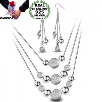 OMHXZJ Wholesale Personality Fashion OL Woman Girl Party White Beads 925 Sterling Silver Stud Earrings+Necklace Jewelry Set SE02