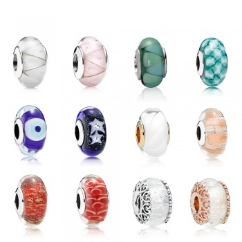 FAHMI 100% 925 Sterling Silver 1:1 Stripe Waves Star Murano Glass Charm Evil Eye Glass Beads Original Jewelry Factory Wholesale