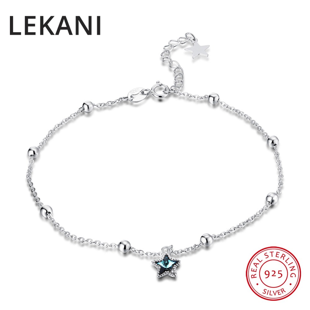 LEKANI Crystals From SWAROVSKI Beads Chain Anklets For Women 2018 Fashion Boho Handmade Sandal Bracelet Foot S925 Silver Jewelry