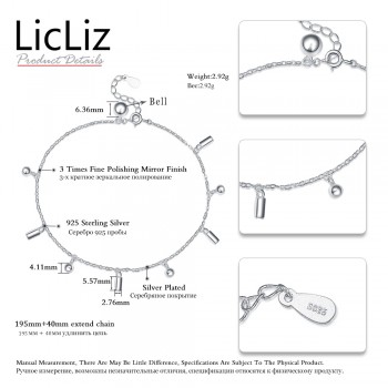 LicLiz Real 925 Sterling Silver Jingle Bell Anklet Link Chain Foot Bracelet Charms Ball Ankle Stretch Bracelets Women LA0005