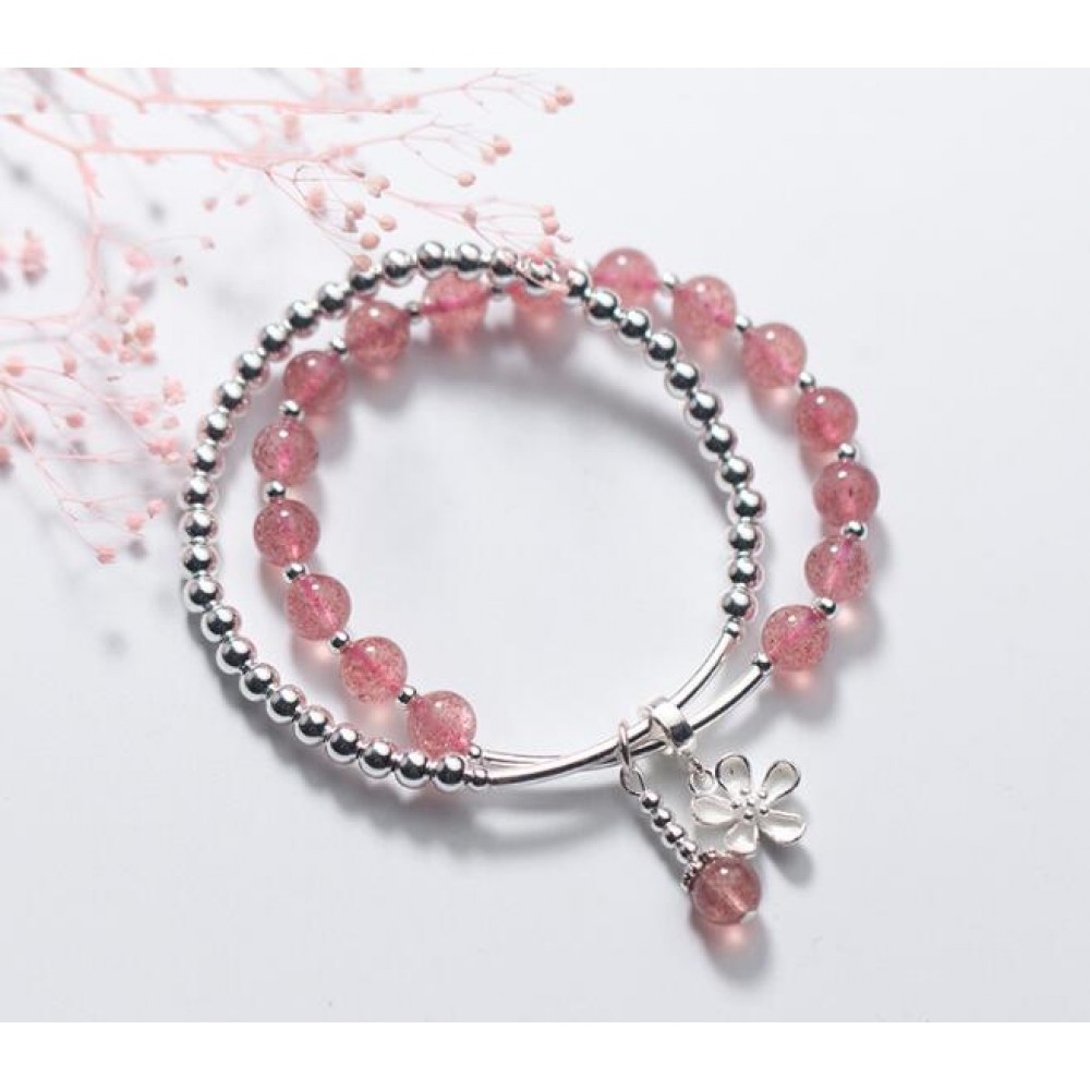 100% Authentic Real. 925 Sterling Silver Jewelry Double rows Natural Rose Starwberry Quartz Stone amp;beads flower Bracelet GTLS745