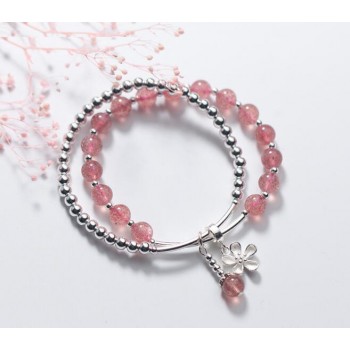 100% Authentic Real. 925 Sterling Silver Jewelry Double rows Natural Rose Starwberry Quartz Stone amp;beads flower Bracelet GTLS745