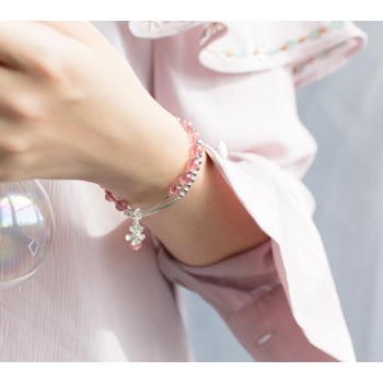 100% Authentic Real. 925 Sterling Silver Jewelry Double rows Natural Rose Starwberry Quartz Stone amp;beads flower Bracelet GTLS745