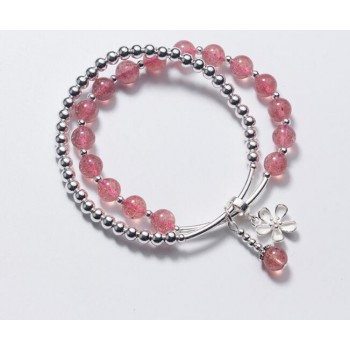 100% Authentic Real. 925 Sterling Silver Jewelry Double rows Natural Rose Starwberry Quartz Stone amp;beads flower Bracelet GTLS745