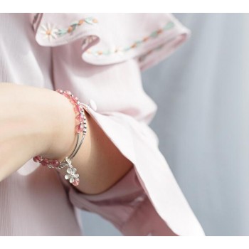 100% Authentic Real. 925 Sterling Silver Jewelry Double rows Natural Rose Starwberry Quartz Stone amp;beads flower Bracelet GTLS745