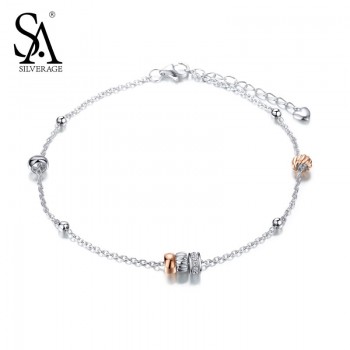 SA SILVERAGE Real 925 Sterling Silver Anklets Rose Gold Color Bead Charm Anklet Bracele Fashion Jewelry Birthday Gift