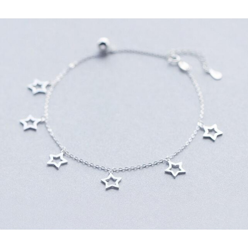 Wholesale Fashion Authentic 925 Sterling Silver Jewelry Polished Beads Ball amp; Hollow Star Anklet Bracelet 23cm-26.5cm S352