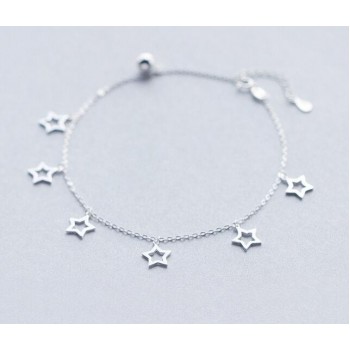 Wholesale Fashion Authentic 925 Sterling Silver Jewelry Polished Beads Ball amp; Hollow Star Anklet Bracelet 23cm-26.5cm S352