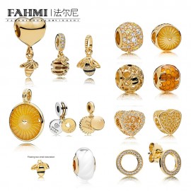 FAHMI 100% 925 Sterling Silver 1:1 Charm 18K Gold Bee Honeycomb Honey Temperament Sunshine Beaded Pendant Heart Shaped Women