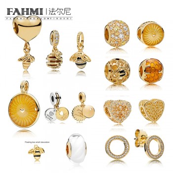 FAHMI 100% 925 Sterling Silver 1:1 Charm 18K Gold Bee Honeycomb Honey Temperament Sunshine Beaded Pendant Heart Shaped Women