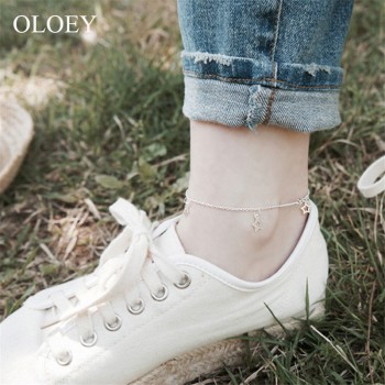 OLOEY Korean Style Star Anklets for Women Girls Genuine 925 Sterling Silver Lovely Cute Foot Bracelets Fine Jewelry Gift YMA005