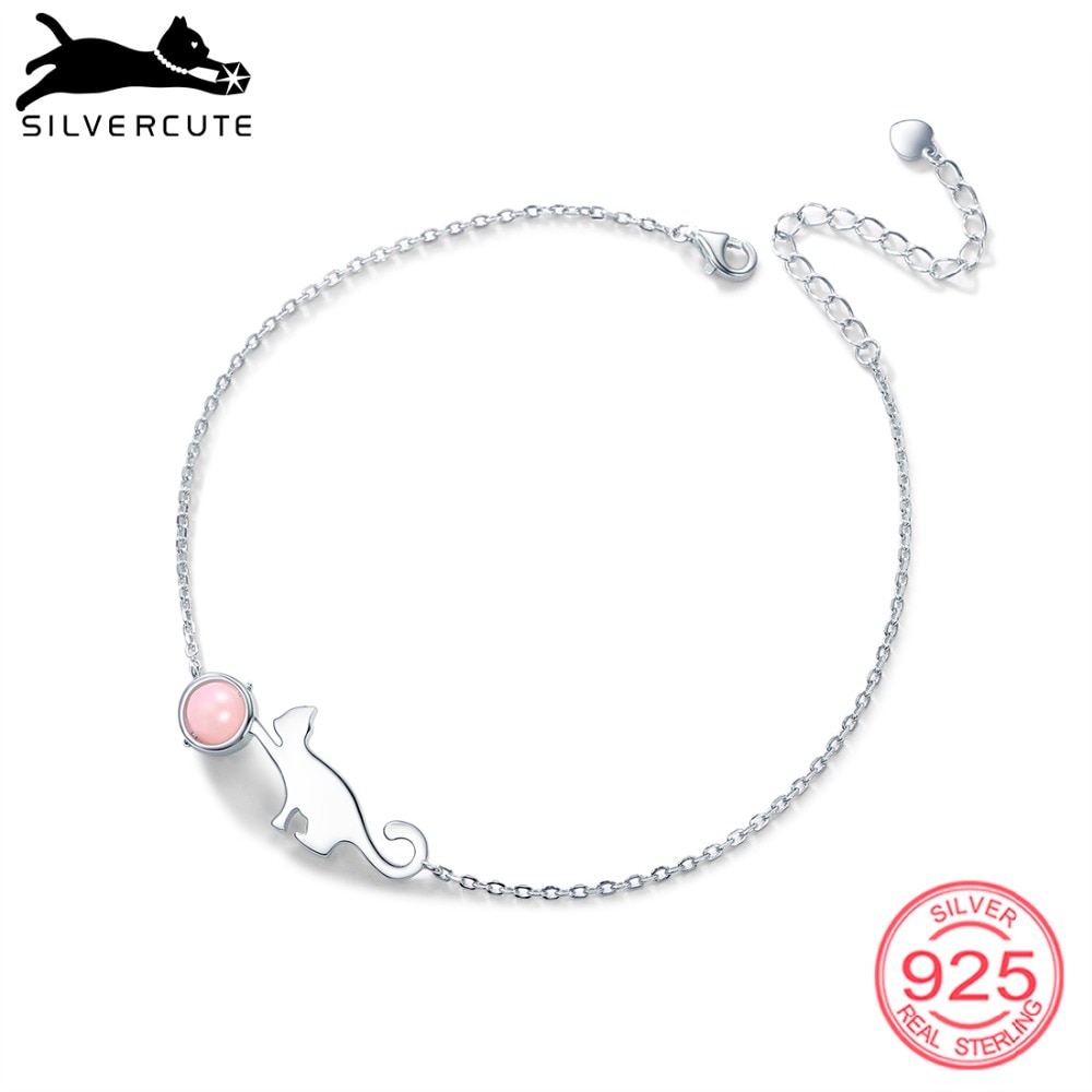 SILVERCUTE Natural Pink Crystal Foot Ankle Bracelet Cat Anklet For Women Real 925 Sterling Silver Boho Summer Jewelry SCA6446B