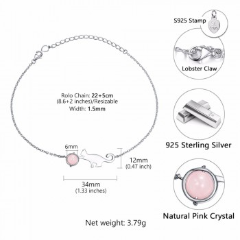 SILVERCUTE Natural Pink Crystal Foot Ankle Bracelet Cat Anklet For Women Real 925 Sterling Silver Boho Summer Jewelry SCA6446B
