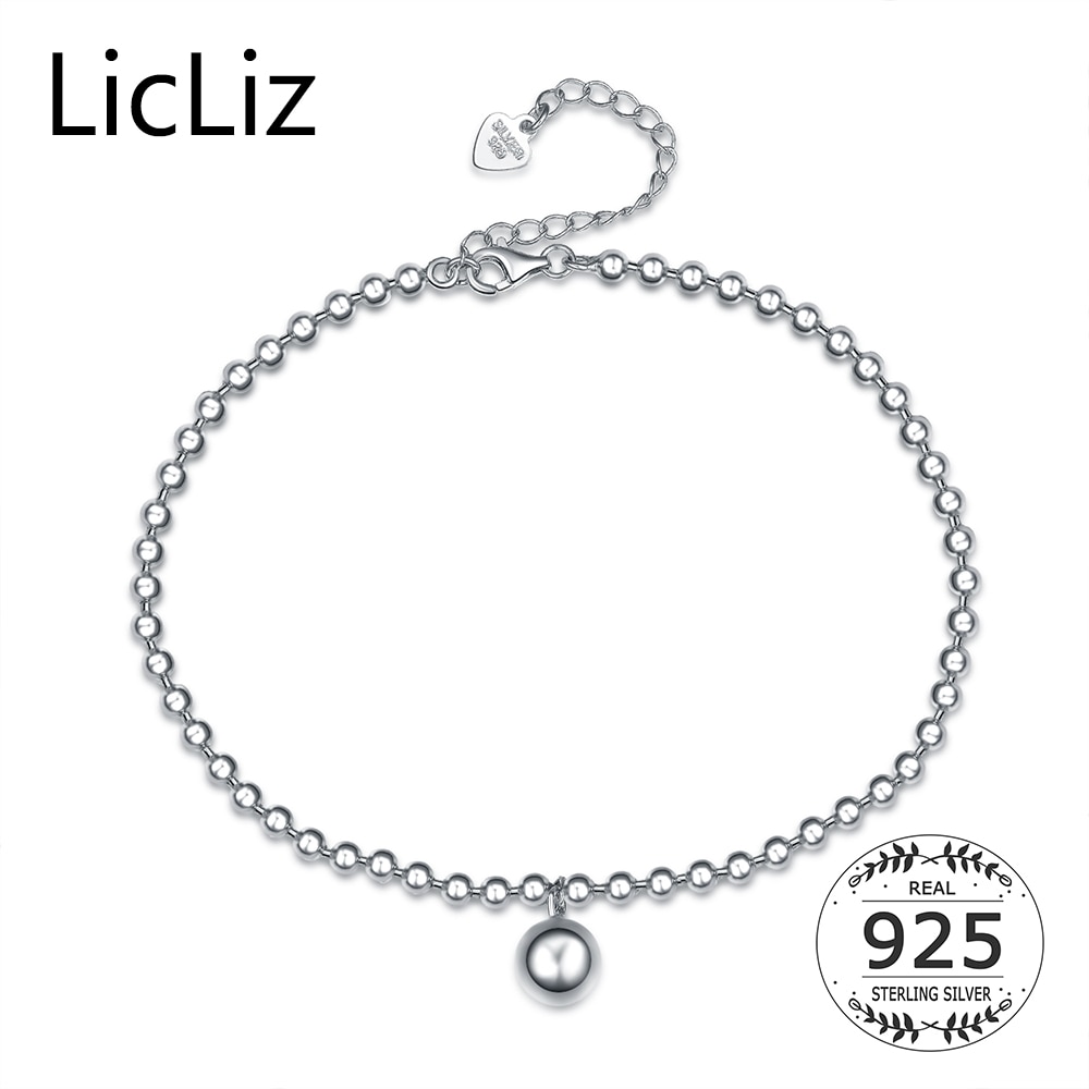 LicLiz 100% Pure 925 Silver Strand Beads Chain Bracelet Anklets For Women Foot Adjustable Anklet Charms Heart Bracelets LA0004