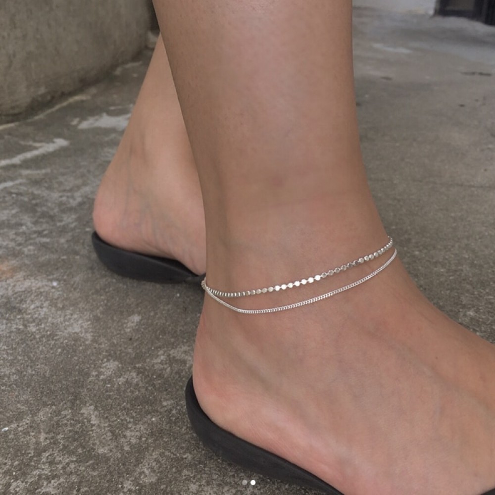 925 sterling silver flat bead double layer anklets fashion romantic shaped chain adjustable anklets for women summer jewelry
