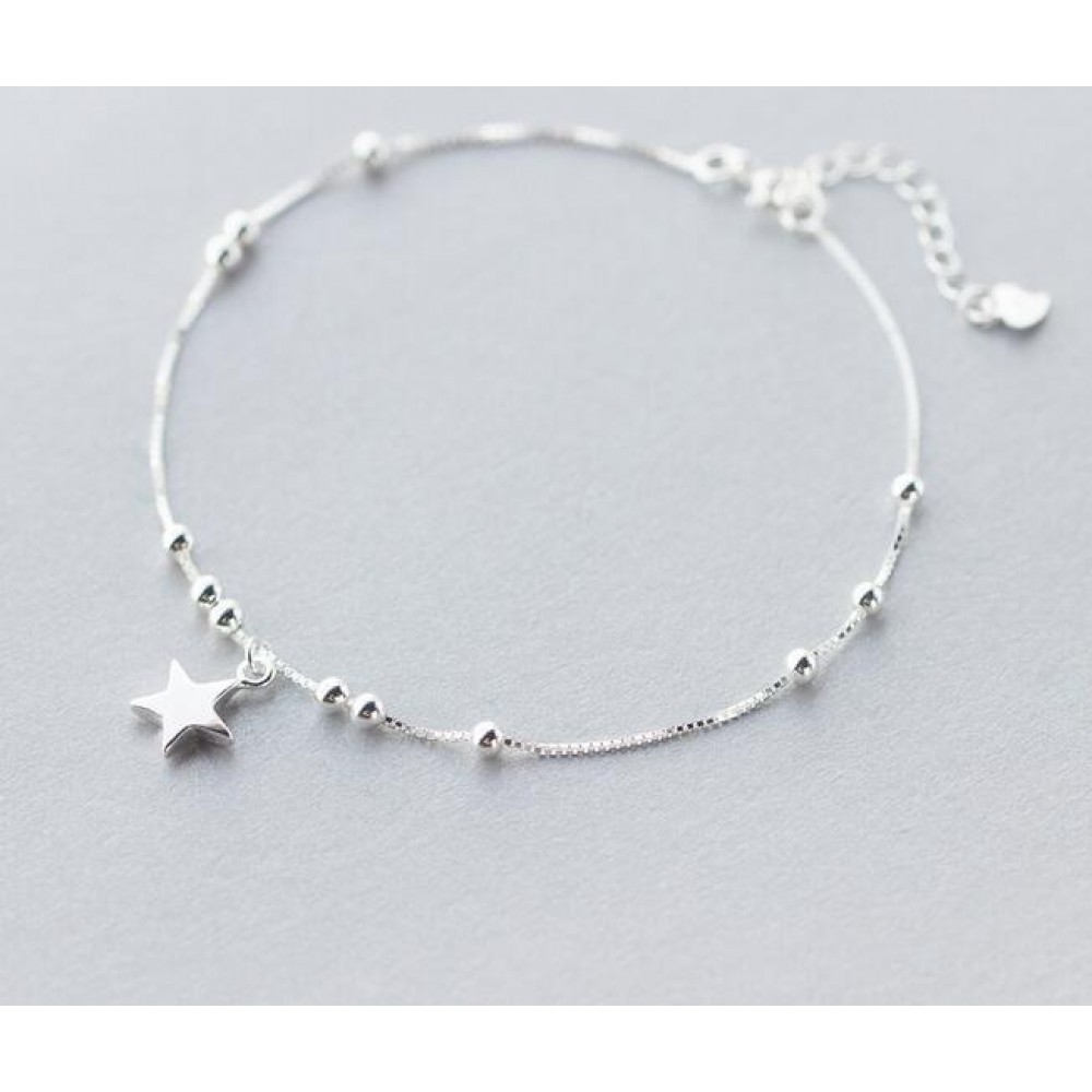 Authentic 925 Sterling Silver Jewelry Polished Ball Round Beads amp;Star Anklet Bracelet Charms Fine Jewelry S216