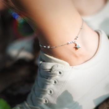 Authentic 925 Sterling Silver Jewelry Polished Ball Round Beads amp;Star Anklet Bracelet Charms Fine Jewelry S216