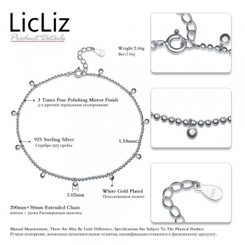 LicLiz Silver Strand Beads Ball Anklet Ball Chain Foot Bracelet Women 925 Sterling Charms Ankle Beach Sandal Fine Jewelry LA0007