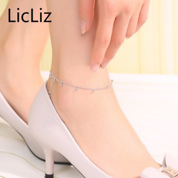LicLiz Silver Strand Beads Ball Anklet Ball Chain Foot Bracelet Women 925 Sterling Charms Ankle Beach Sandal Fine Jewelry LA0007