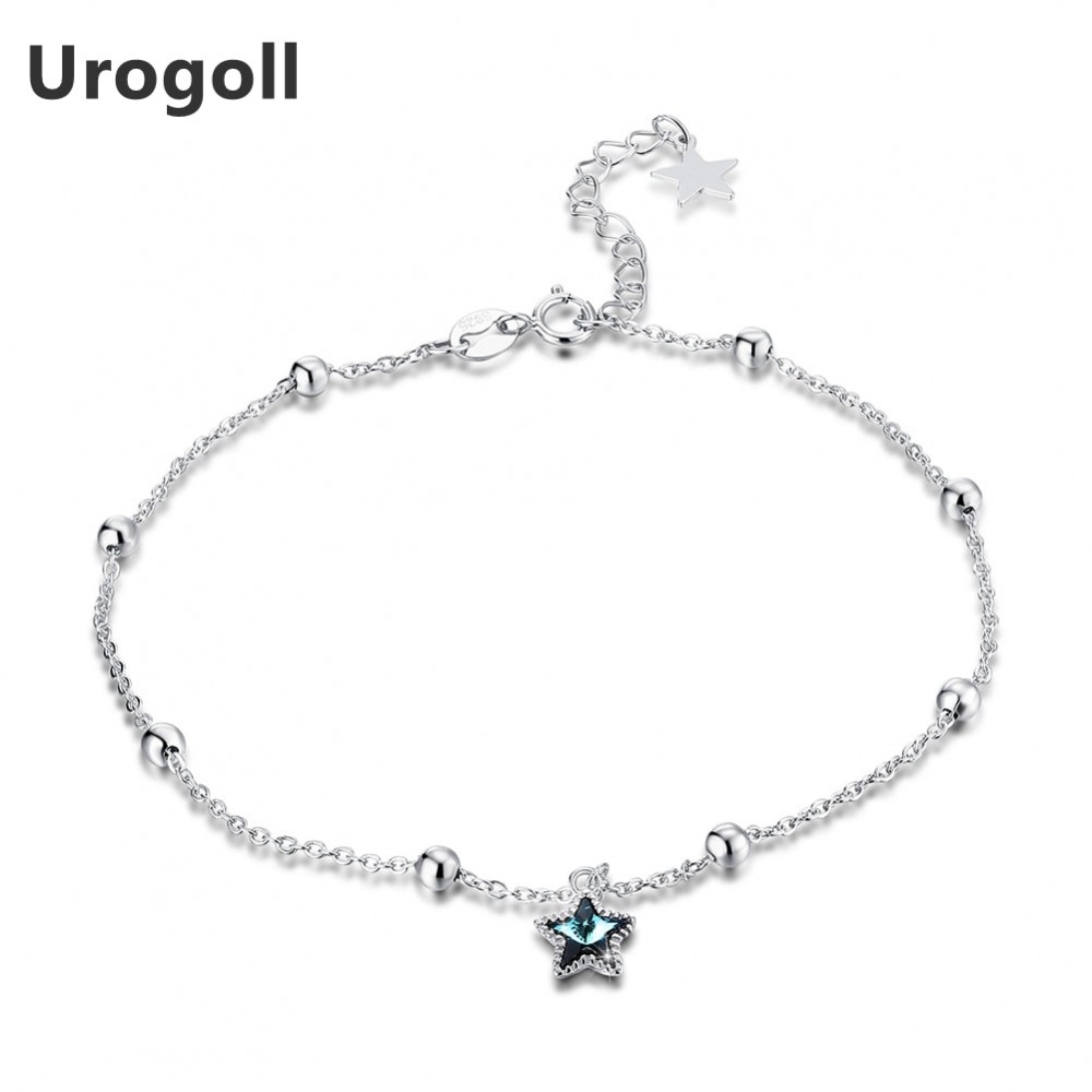 Fashion 925 Sterling Silver Anklets Women Pure Silver Round Bead Chains Real Sterling Silver Star Crystal Anklet Girls Jewelry