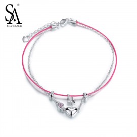 SA SILVERAGE Real 925 Sterling Silver Pink Zircon Butterfly Heart Two Layer Red Rope Anklets for Women Fine Jewelry Foot Jewelry