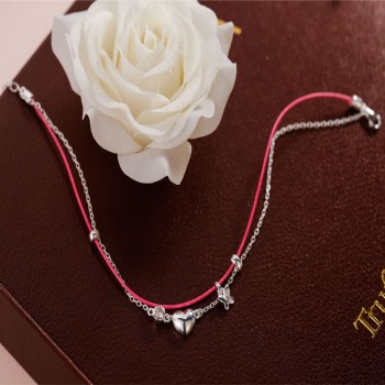 SA SILVERAGE Real 925 Sterling Silver Pink Zircon Butterfly Heart Two Layer Red Rope Anklets for Women Fine Jewelry Foot Jewelry