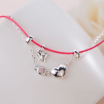 SA SILVERAGE Real 925 Sterling Silver Pink Zircon Butterfly Heart Two Layer Red Rope Anklets for Women Fine Jewelry Foot Jewelry