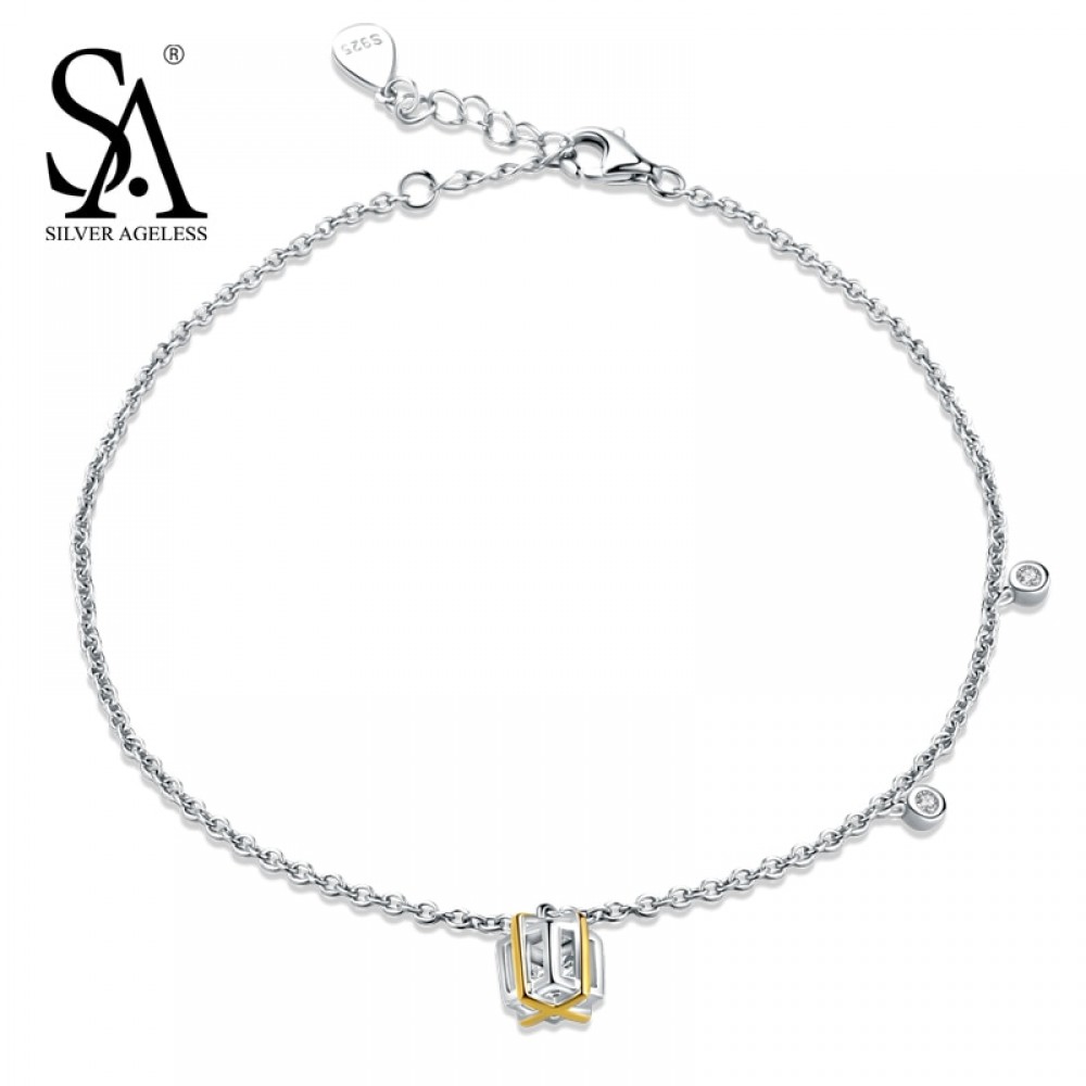 SILVER AGELESS 925 Sterling Silver Hollow Cube Anklets for Women Gold Color Charms Foot Chain Adjustable Anklet Bracelet Gift