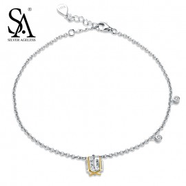 SILVER AGELESS 925 Sterling Silver Hollow Cube Anklets for Women Gold Color Charms Foot Chain Adjustable Anklet Bracelet Gift