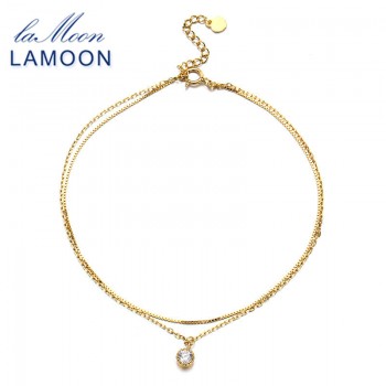 LAMOON Simple Style Double Layer Chain Cubic Zirconia Anklet For Women 925 Sterling Silver Jewelry Charm Gift Fine Jewelry HI058
