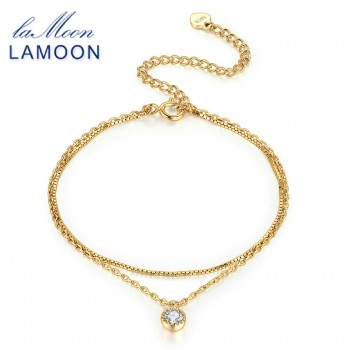 LAMOON Simple Style Double Layer Chain Cubic Zirconia Anklet For Women 925 Sterling Silver Jewelry Charm Gift Fine Jewelry HI058