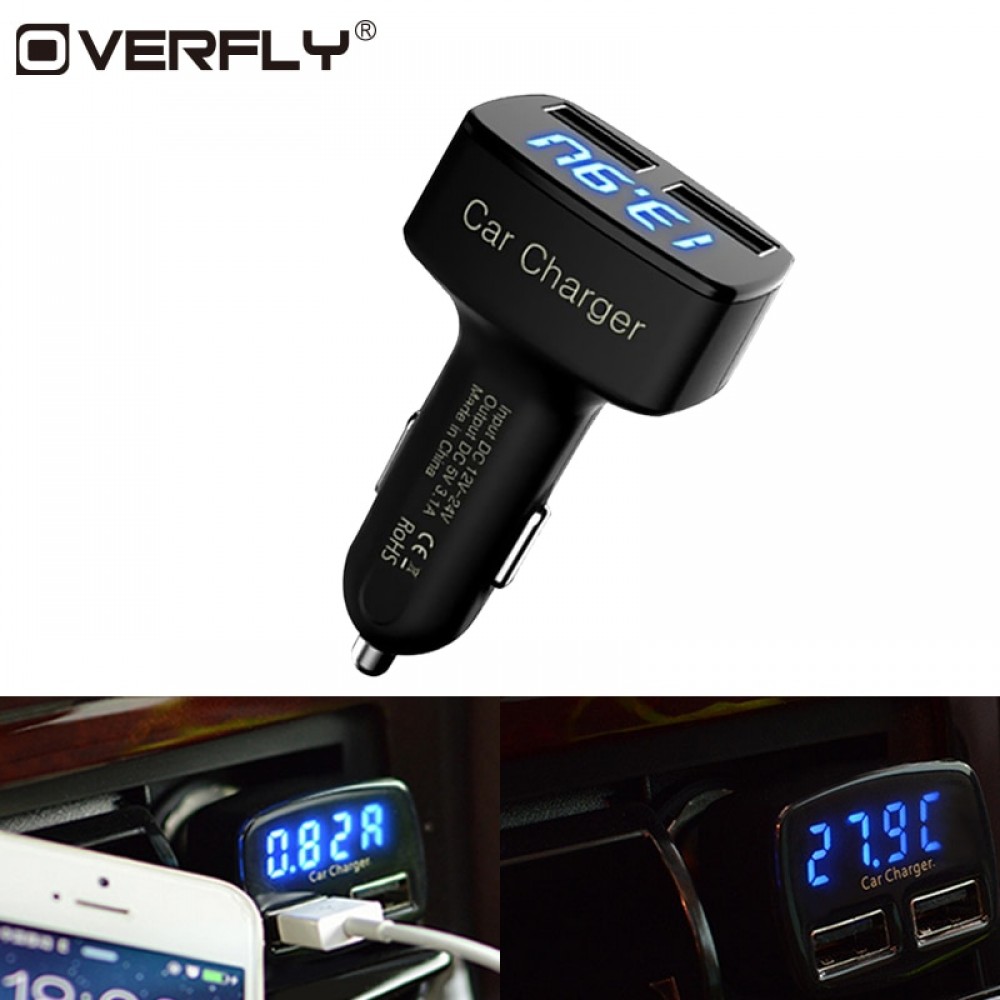 Universal 4 in 1 Car Charger Dual USB DC 5V 3.1A Adapter with Voltage/temperature/Current Meter Tester Digital LED Display