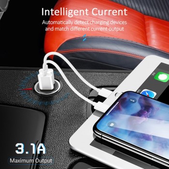 Upgraded Mini Car Charger,USAMS 2 Port USB Smart 3.1A 2.4A Max Fast Charging USB car phone charger Dual Car-Charger Universal