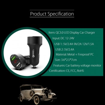 LED Display Quick Charge 3.0 Car Charger Mobile Phone QC3.0 Fast Dual USB Car-charger Auto Charger for Samsung Huawei FCP Xiaomi