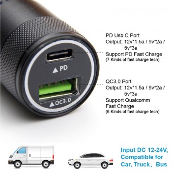Usb Type C PD 3.0 Fast Charge Car Charger 2 Usb QC Mobile Quick Charger for iPhone iPad Apple Tablet Samsung Android LG Moto Mi