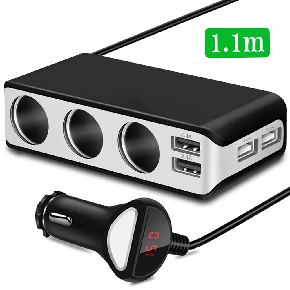 4 USB Port Car Charger 6.8A USB Charger Voltmeter with 3 Way Car Cigarette Lighter Socket Splitter 120W Power Adapter Charger