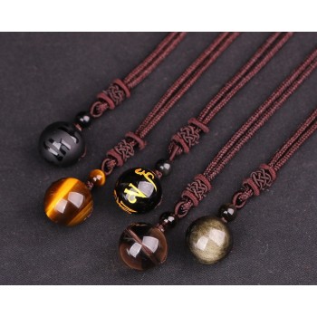 Natural Stone 16mm Black Obsidian Tiger Eye Stone Pendant Transfer Lucky Amulet Crystal Pendant Necklace