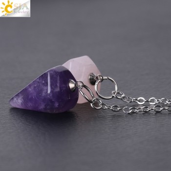CSJA Small Size Reiki Pendulum Natural Stone Amulet Healing Crystal Pendant Meditation Hexagonal Pendulums for Men Women F366