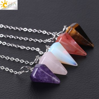 CSJA Small Size Reiki Pendulum Natural Stone Amulet Healing Crystal Pendant Meditation Hexagonal Pendulums for Men Women F366