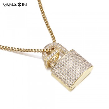 VANAXIN Micro Paved Crystal Lock Pendant Necklace Women/Men Silver/Gold Color Fine Jewelry Hiphop Top Quality CZ Christmas Gift