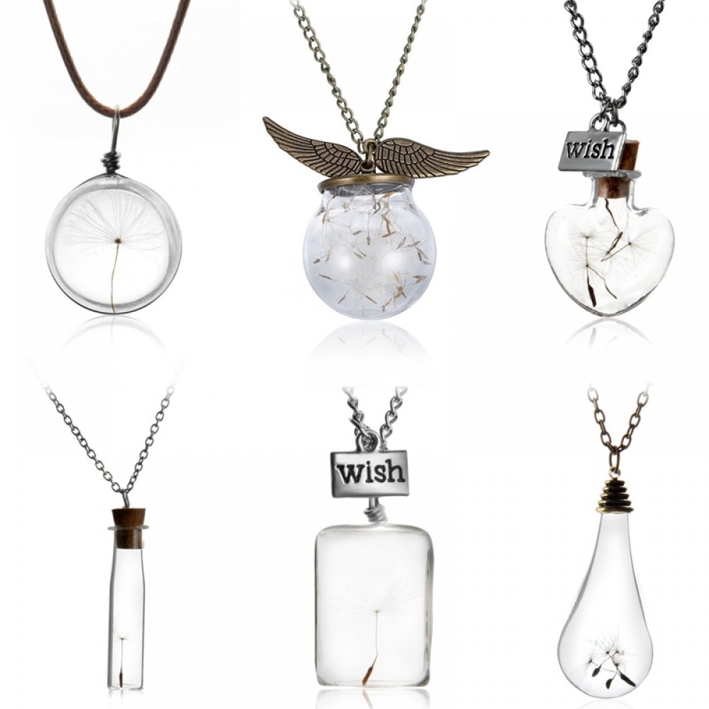 Make A Wish Glass Bead Orb Natural dandelion seed in glass long necklace Glass bottle necklace silver plated Necklace jewelry