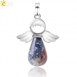 CSJA Natural Stone Angel Wings Pendant for Necklace Pink Quartz Onyx Silver-color  Water Drop Pendants Female Jewelry Gift E949