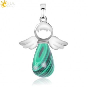 CSJA Natural Stone Angel Wings Pendant for Necklace Pink Quartz Onyx Silver-color  Water Drop Pendants Female Jewelry Gift E949
